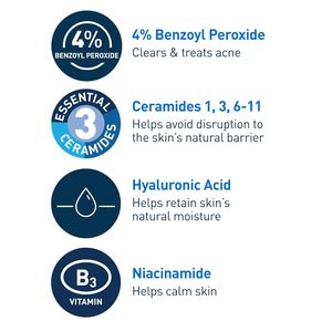Crème nettoyante moussante anti-acné 100% USA, 4% de peroxyde de benzoyle avec acide hyaluronique, niacinamide et céramides pour peaux sujettes à l'acné - Product Image 1