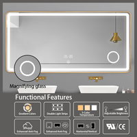 Cadre en alliage d'aluminium doré Rectangle Bouton tactile intelligent avec loupe LED de temps et de température Miroir de salle de douche éclairé