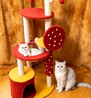 Tour d'escalade pour chat motif champignon à pois, griffoir en sisal multi-niveaux avec lit bulle transparent et jouet suspendu pour soulager l'ennui du chat