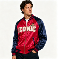 Veste de baseball en satin avec logo 3D ICONIC pour homme, rouge et bleu, style bomber décontracté, veste de rue