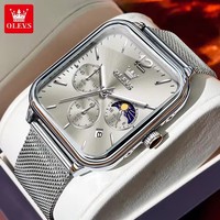 Jam Tangan Pria OLEVS 9914 Original Fashion Quartz Arloji Tali Baja Mesh Tahan Air Bercahaya Fase Bulan Kronograf Bentuk Persegi