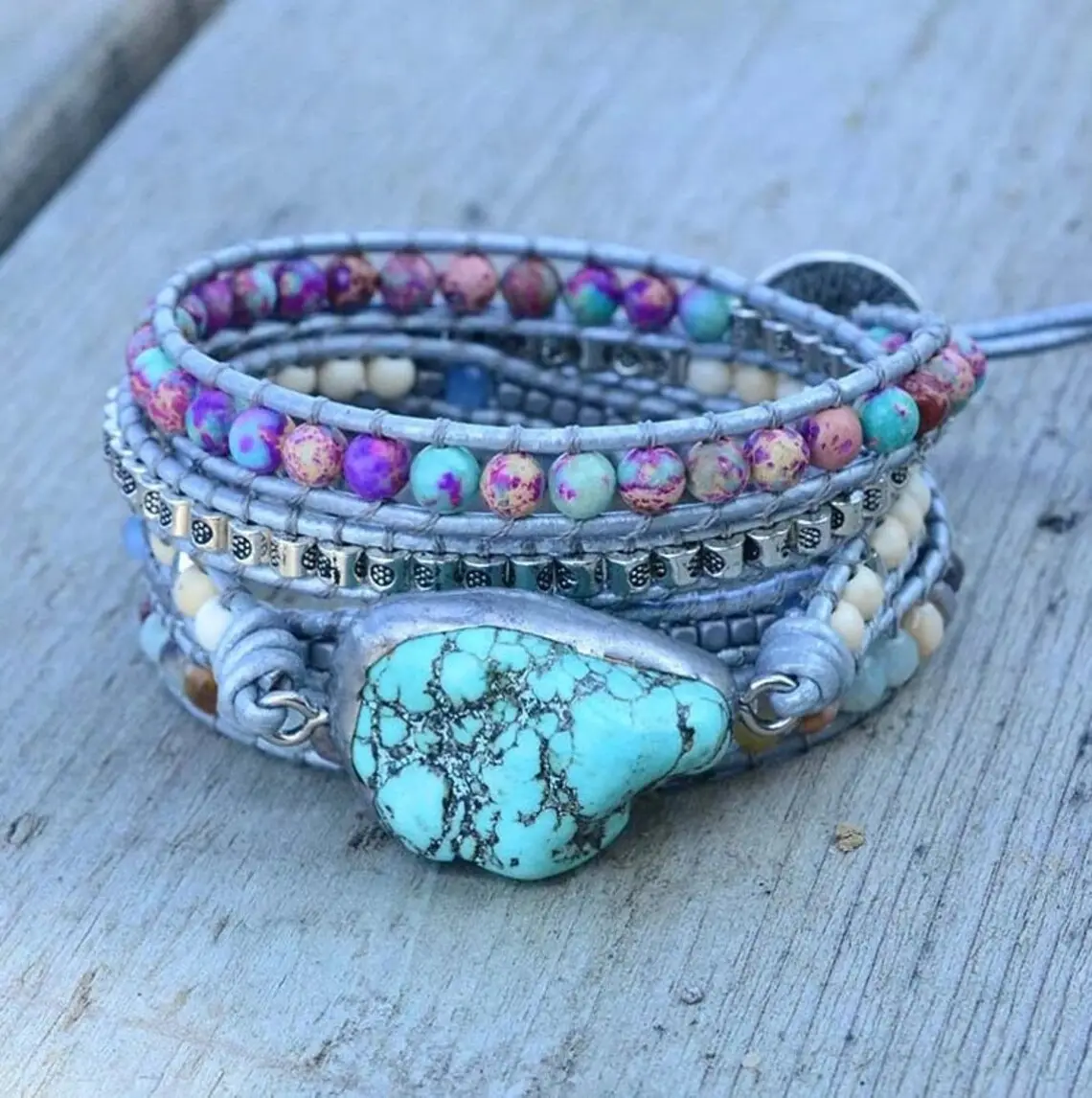 Bohemian Handmade Braided 5 Strands Natural Stone Bead Beaded Turquoises Protection Gemstone Leather Wrap Bracelets