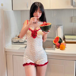 Combinaison Courte Tricotée Respirante Anti-statique à Bretelles Fines et Volants, Taille Basse, Motif Floral Colorblock pour Femme - Product Image 2