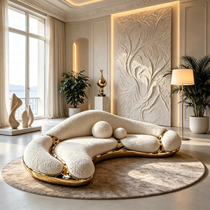 Divano Curvo in Bouclé Crema con Telaio in Fibra di Vetro Color Oro per Spazi Abitativi Moderni - Product Image 2