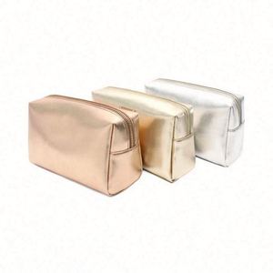 Pochette de maquillage de haute qualité en cuir PU argenté avec fermeture éclair or rose, étui de beauté - Product Image 2