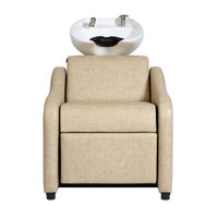Fauteuil de lavage électrique inclinable en cuir PU beige avec cuvette en céramique, station de lavage de cheveux pour salon de coiffure