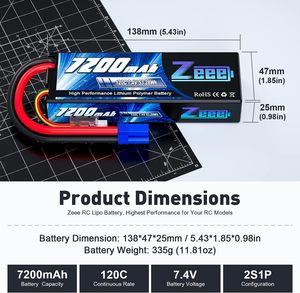 Zeee 2S Lipo 배터리 7200mAh <span class=keywords><strong>7.4V</strong></span> 120C 하드 케이스 <span class=keywords><strong>RC</strong></span> 배터리 EC5 커넥터와 1/8 1/10 <span class=keywords><strong>RC</strong></span> 자동차 트럭 <span class=keywords><strong>RC</strong></span> 차량 레이싱 모드 - Product Image 2