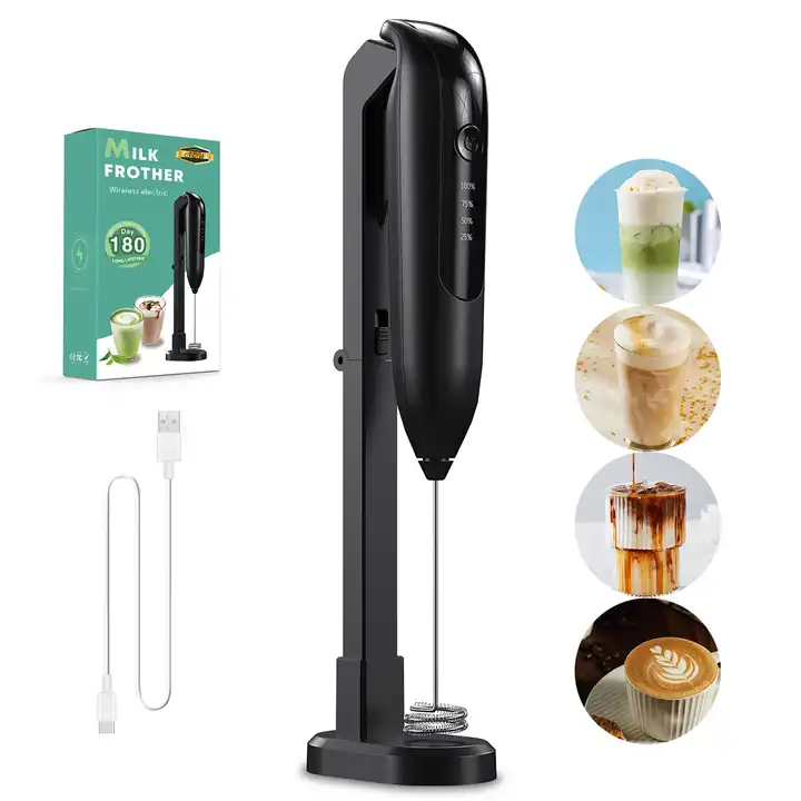 Online Top Seller 2023 Milk Frother Kitchen Gadgets Stainless Steel  Electric Milk Frother Handheld USB Rechargeable With Stand
