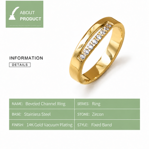 Bague en acier inoxydable doré avec zircon, plaquée or 14 carats sous vide, large, à cannelures biseautées, avec bande fixe - Product Image 3