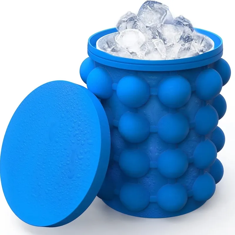 Best Seller Ice Cube Mold Trays Large Silicone Ice Bucket (2 in 1) Ice Cube Maker Round Portable (Dark blue)