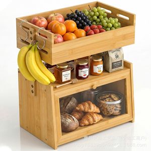 Boîte à pain en bambou, support de rangement double couche pour cuisine, organisateur d'aliments, de fruits et de légumes avec crochet pour bananes, couleur bois naturel - Product Image 4