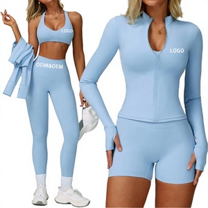 Ensemble de yoga uni pour femme, haut à manches longues avec fermeture éclair quart de tour, short taille haute, respirant, en Spandex et Polyester, sans couture, tenue d'entraînement, ODM OEM - Product Image 1