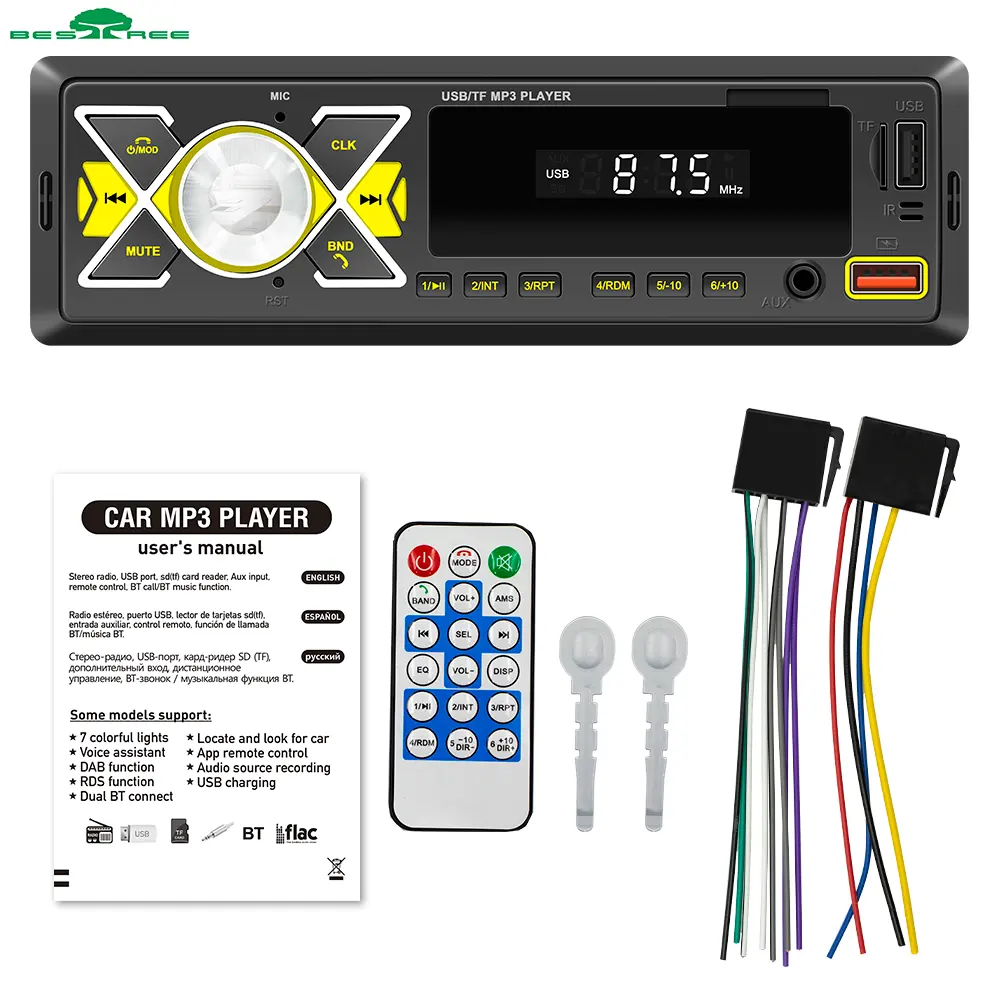 Bestree – tableau de bord de voiture avec télécommande 1 din dc 12v, radio mp3 avec assistant vocal BT, pour trouver un autoradio