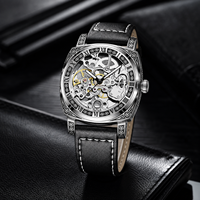 Jam Tangan Pria Logam Dial Berukir Vintage Mekanis Otomatis Penuh Model Openwork Dua Sisi Baru 42mm 30M Tali Kulit