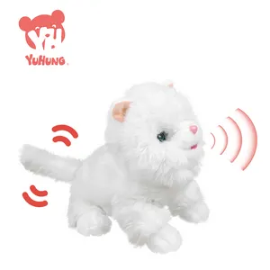 Cute Fluffy White Cat Anime Electric Plush Toy Soft Stuffed with Sound & Shaking Head & Tail Function Cotton PP Filling Material