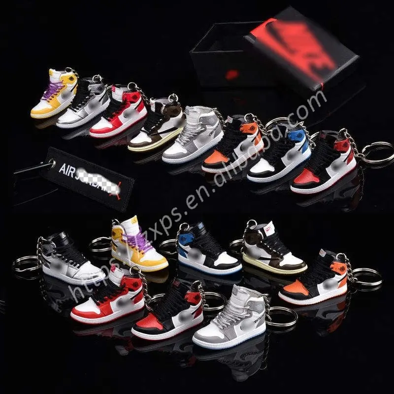 Real Fábrica Atacado Plástico PVC Borracha AJ1 Formadores Sneaker Chaveiro 3D Esporte Basquete Ginásio Sapatos Chaveiro Anel Com Caixa