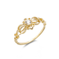 Bague en or massif 14 carats, style rétro coréen-japonais, simple, avec fleur creuse et topaze blanche, pour femmes