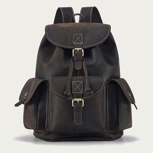 Large Capacity Men's <b>Backpack</b> Retro Leisure Travel <b>Drawstring</b> Bucket Schoolbag Men's Vintage Leather <b>Backpack</b> - Product Image 1