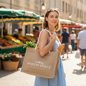 Джутовая Сумка-тоут с логотипом на заказ, пляжная сумка большой емкости, многоразовая Экологически чистая сумка для покупок, плечевой ремень с двойной ручкой - Product Image 4