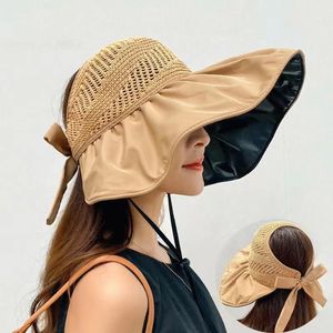 Sombrero de Sol de Verano para Mujer, Ala Ancha, Transpirable, Tejido, con Protección Facial, Protección UV para Exteriores, Color Rosa, Amarillo, Caqui, Café - Product Image 4