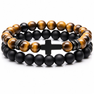 Lot de Bracelets Croix Double Couche pour Hommes en Œil de Tigre Vert et Obsidienne, Perles d'Hématite, Bijoux <span class=keywords><strong>Vintage</strong></span> Idéaux pour Cadeau - Product Image 1