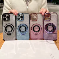 Étui de téléphone magnétique en TPU avec support et poignée, orné de paillettes de luxe et de diamants pour