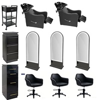 Ensemble de mobilier de salon de coiffure moderne noir avec miroir LED, fauteuil de lavage et fauteuil de coiffage