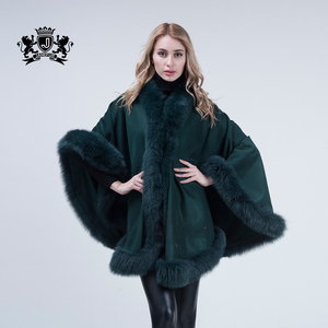 Janefur Wholesale Warm 100% Wool Women <strong>Black</strong> <strong>Shawl</strong> Rea; fox Fur Trim Pashmina <strong>Shawl</strong> - Product Image 6