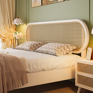 French Style Cream Solid Wood Rattan <b>Bed</b> 1.8m <b>Double</b> Platform <b>Bed</b> For Bedroom Homestay - Product Image 2