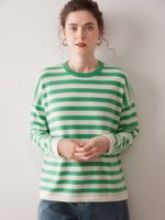 Doux et anti-âge pour femmes 100% pur cachemire/laine col rond rayé brillant coupe ample couche de base tricotée pull décontracté