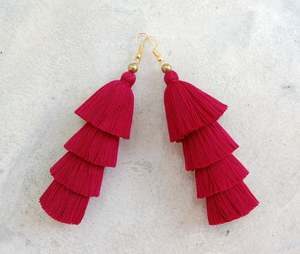 Four Tiered Maroon Tassel Earrings - Product Image 1