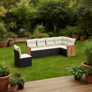 Conjunto de sofá de jardín de ratán blanco crema y negro, 6 plazas, muebles de exterior, diseño contemporáneo, paneles de madera de teca - Product Image 2