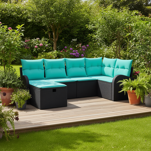 6 Piece Black Poly <b>Rattan</b> Garden <b>Sofa</b> Set With Cushions Outdoor Furniture Contemporary Design - Product Image 2