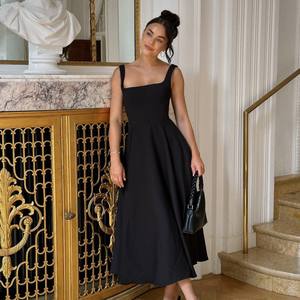 Robe longue unie à col carré, cintrée à <span class=keywords><strong>la</strong></span> taille, dos nu, simple, sans manches et style halter. - Product Image 3