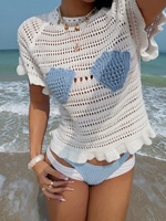 Top de Punto Estilo Sirena para Mujer, Verano 2026, Manga Corta, Transpirable, Cuello Redondo, Detalle de Concha 3D, Suéter con Detalles en Crochet