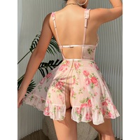 Ensemble de lingerie sexy à imprimé floral, robe de nuit douce et sexy avec string, deux pièces pour femmes, robe de nuit, vêtements de nuit