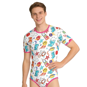 Mono de Algodón (95%) y Spandex (5%) con Estampado de Cohete para Adultos, Pijama Enterizo <span class=keywords><strong>ABDL</strong></span> con <span class=keywords><strong>Manga</strong></span> Corta y Broches en la Entrepierna para Mujer - Product Image 5