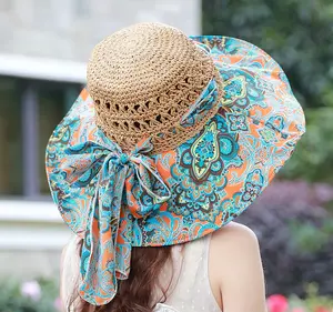 DDA266 여름 여행 태양 모자 새로운 접이식 꽃 패브릭 리본 Bowknot 모자 와이드 브림 비치 꽃 인쇄 밀짚 모자