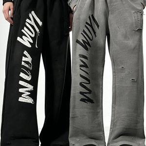 OEM Custom Men's Autumn Casual Vintage Terry Sweatsuit Set | Distressed Acid Wash Zip-Up Hoodie & Printed 2-Piece <b>Tracksuit</b> - Product Image 4