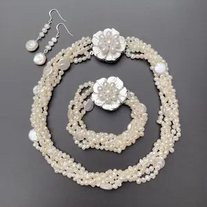 FPN43 Nugget Freshwater Pearl Five Strands Twisted Necklace Bracelet Earring White Pearl Jewelry Set