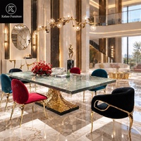 Table à manger sur mesure de luxe, nouveau design, prix d'usine, en acier inoxydable, laiton et plateau en marbre, pour salle à manger de villa