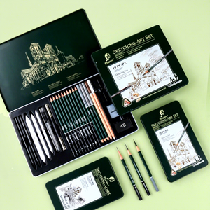 Lot de 10, 12, 19 ou 27 crayons à dessin pour débutants, kit de crayons graphite 2B mats, boîte en métal, art professionnel - Product Image 1