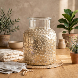 Pot à bougie décoratif en verre, attrape-lumière en mosaïque dorée, vase en verre transparent pour la décoration intérieure - Product Image 2