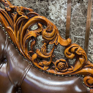 كرسي استرخاء فاخر كلاسيكي من الجلد بأزرار، كرسي استلقاء فرنسي عتيق بتصميم باروكي منحوت من الخشب - Product Image 5