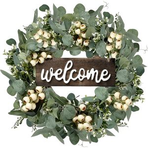 Eucalyptus Artificial Berry <b>Wreath</b> 45cm Welcome Sign <b>Door</b> Hanging Spring <b>Summer</b> Decorative <b>Wreath</b> - Product Image 1