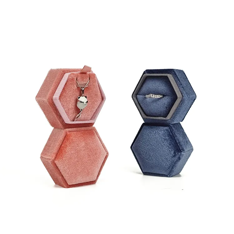 Caja de terciopelo para joyería personalizada, caja hexagonal de terciopelo para joyería, brazalete de anillo