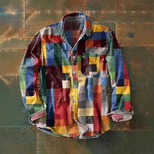 Vintage <b>Patchwork</b> Plaid Men's <b>Shirt</b> Long Sleeve Colorful Color Block Button up Casual Polyester Streetwear Hip Hop Tops - Product Image 1