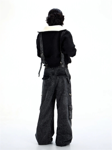 OEM custom grandi tasche <span class=keywords><strong>laterali</strong></span> nere rimovibili Vintage lavato in difficoltà uomini <span class=keywords><strong>jeans</strong></span> cargo larghi - Product Image 5
