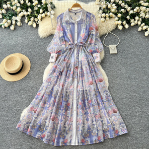 Vestido Elegante Estilo Francés con Estampado Floral, Vestido Largo de Manga Larga con Cintura Ajustable con Cordones, Estilo Coreano para Mujer, para Primavera - Product Image 1