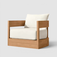 Fauteuil lounge en teck massif, fauteuil d'appoint minimaliste Japandi avec accoudoirs découpés et base sur socle pour chambre et balcon